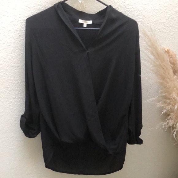 Pleione | surplice Black Faux Wrap Roll Up Sleeves Blouse - Picture 4 of 9